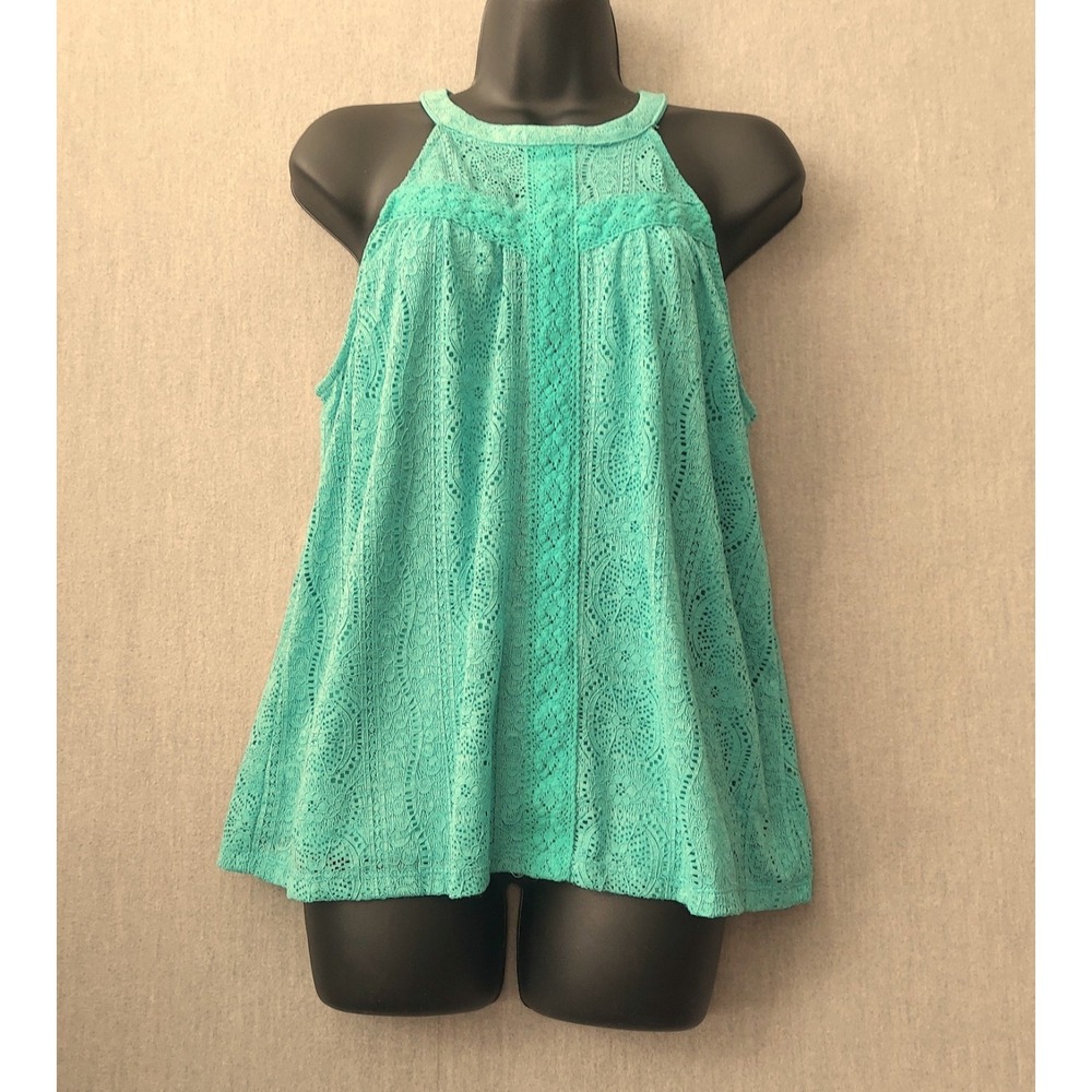 Teal Eyelet Lace Halter Top M Lined Keyhole Neck Fairycore‎ Cottagecore Boho Y2K